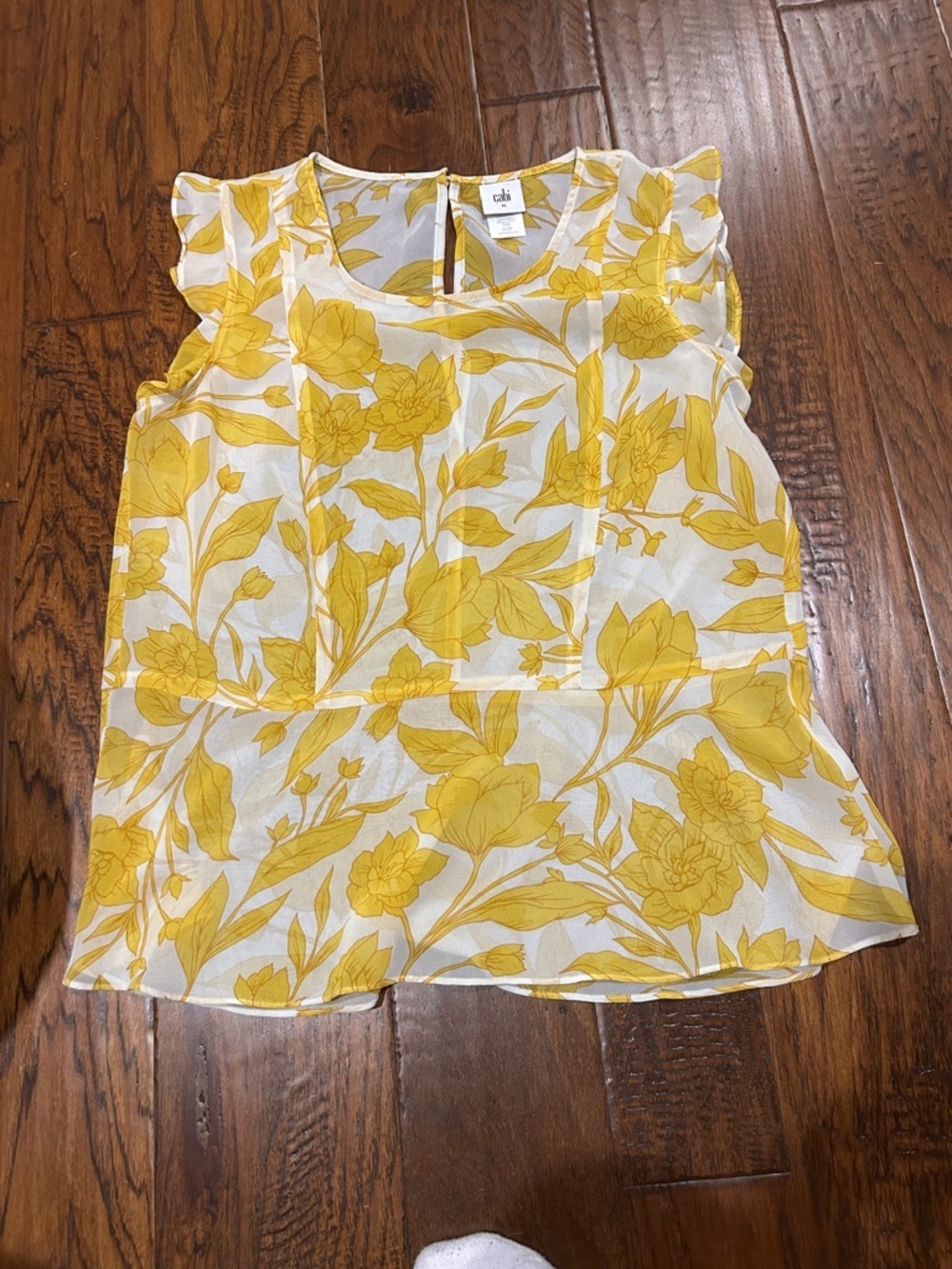 Cabi ruffled sleeveless yellow,  sheer  floral top, size medium